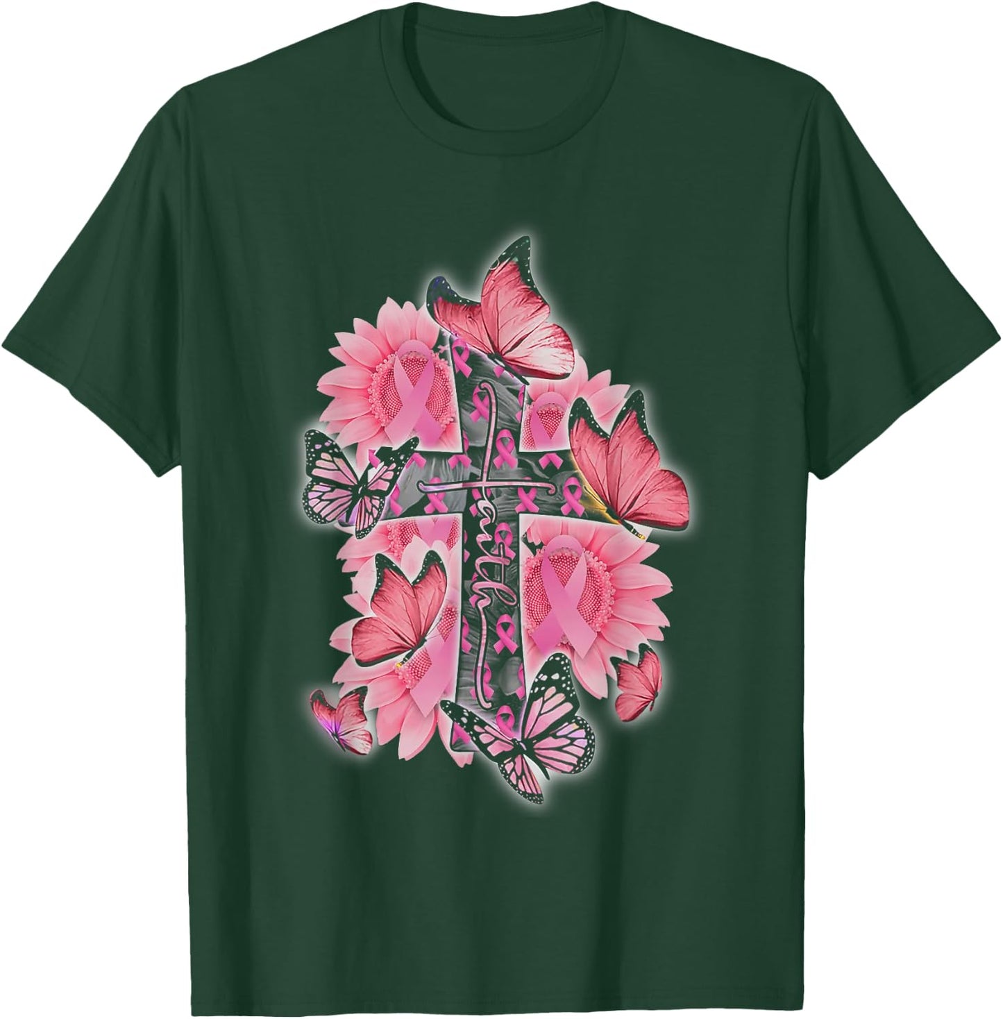 Faith Pink Ribbon Butterflies Breast Cancer Awareness Women T-Shirt - T-Shirt | Forest