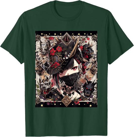 Veiled Mystery: Japanese Young Gothic Girl in a Mask T-Shirt - T-Shirt | Forest