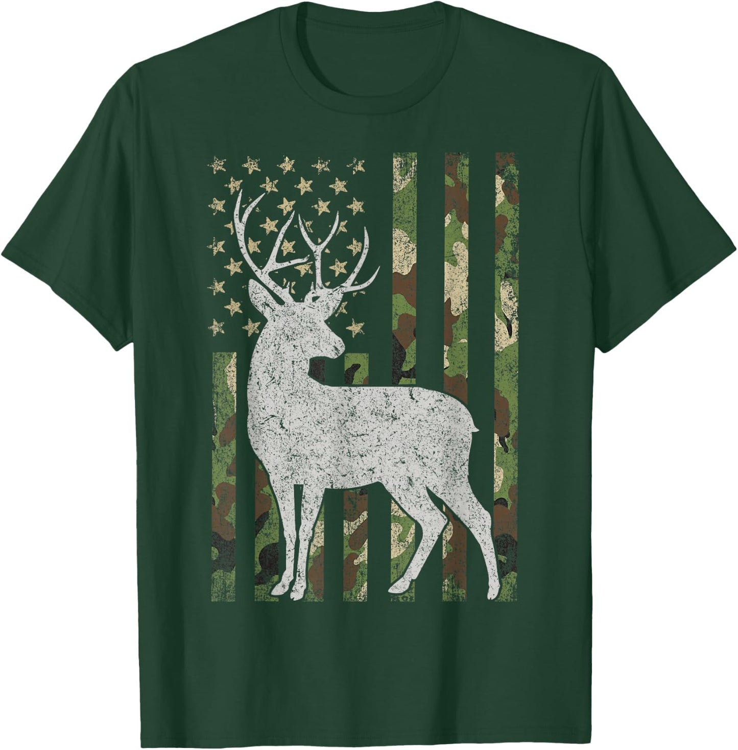 Whitetail Buck Deer Hunting Camouflage USA Flag 4th of July T-Shirt - T-Shirt | Forest