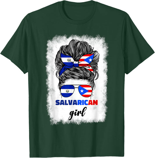 Half Salvadorian And Puerto Rican Rico El Salvador Flag Gril T-Shirt - T-Shirt | Forest