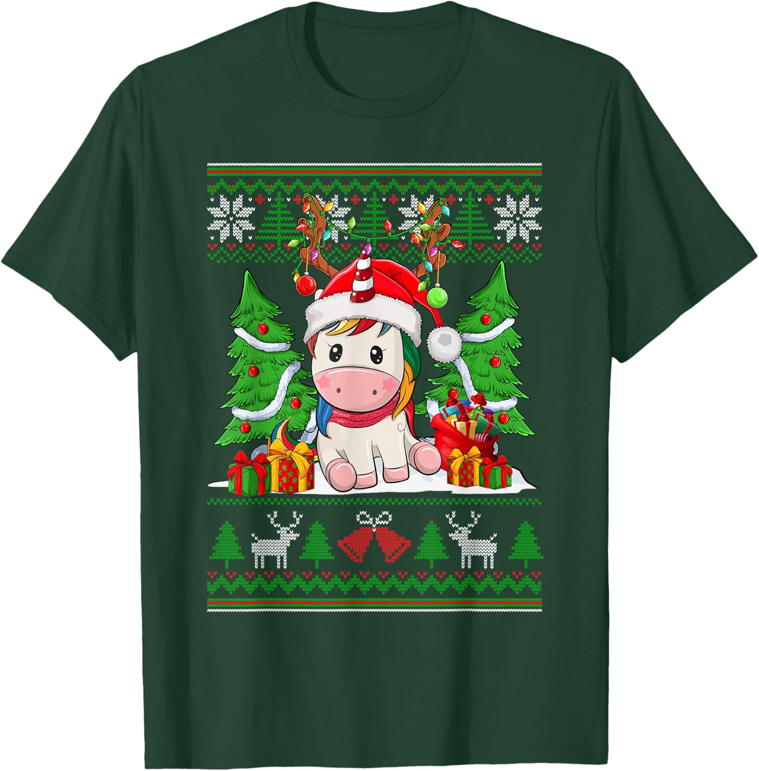 Christmas Girls Xmas Unicorn Deer Ugly Christmas Sweater T-Shirt - T-Shirt | Forest