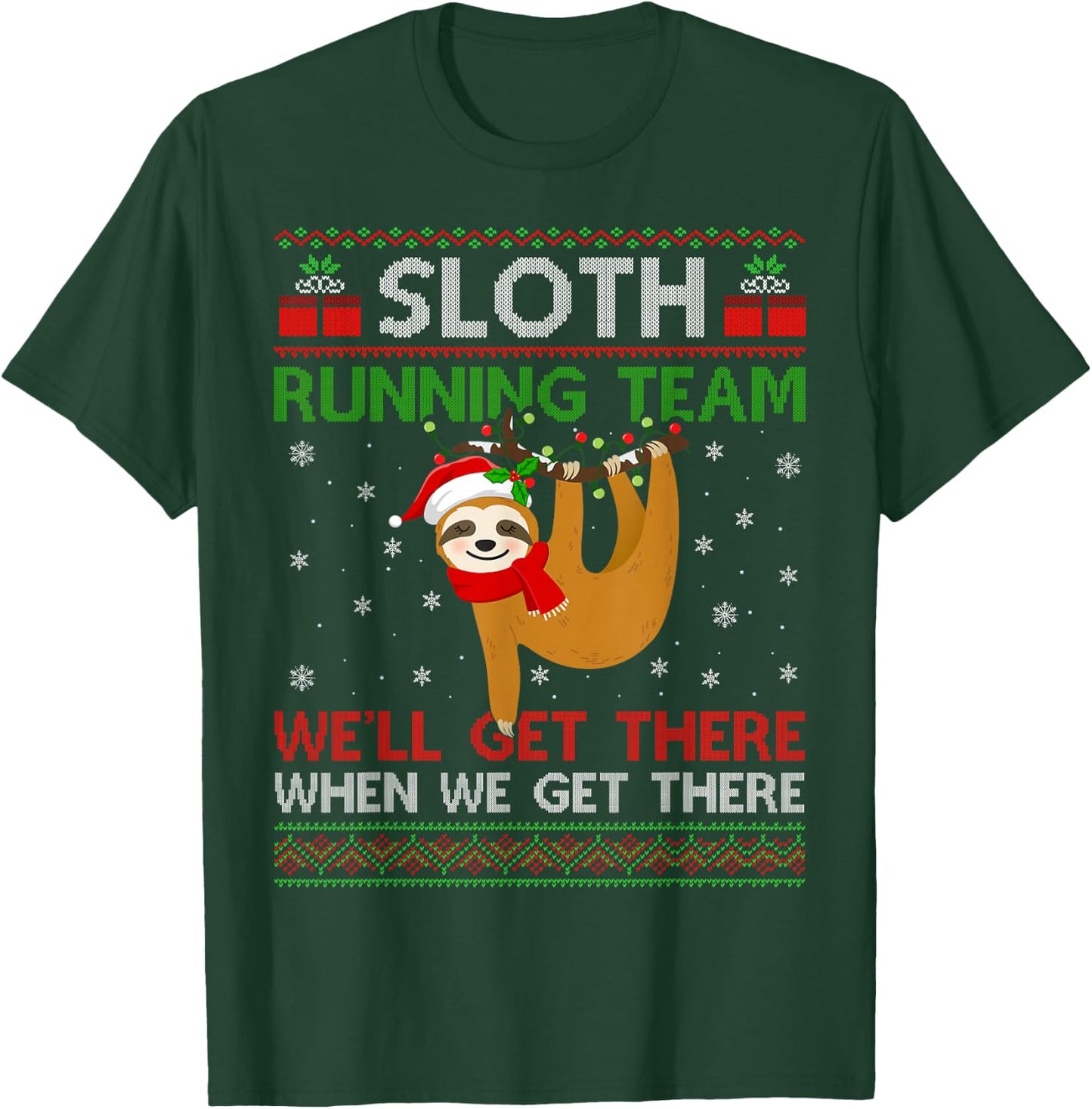 Funny Sloth Running Team Xmas Lights Ugly Sloth Christmas T-Shirt - T-Shirt | Forest