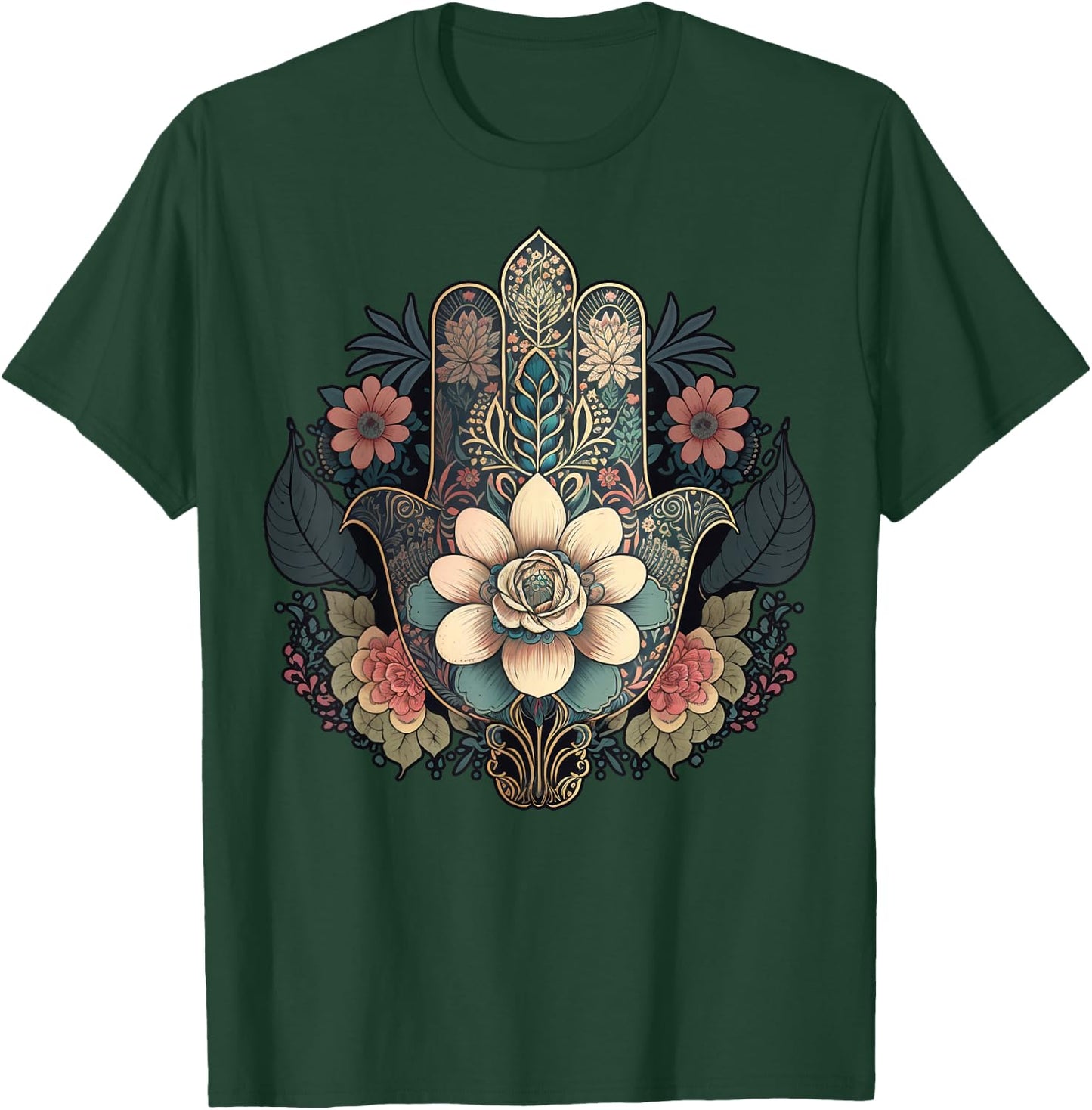 Khamsah or flower Hand of Fatima on floral Hamsa Hand T-Shirt - T-Shirt | Forest