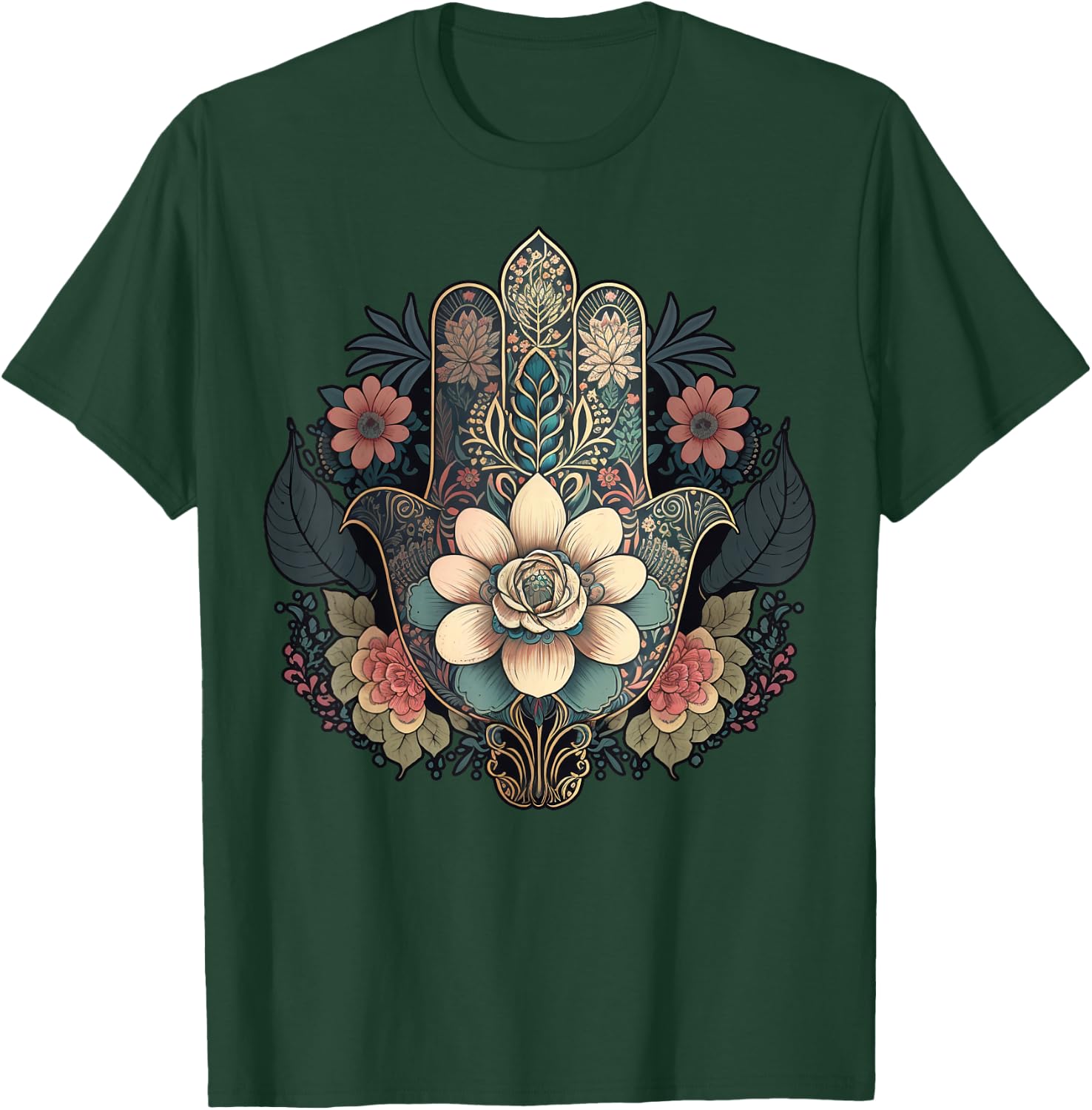 Khamsah or flower Hand of Fatima on floral Hamsa Hand T-Shirt - T-Shirt | Forest