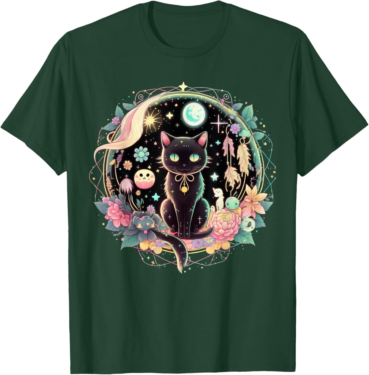Moon Phases Crystal Witchy Cute Black Cat Kawaii Pastel Goth T-Shirt - T-Shirt | Forest