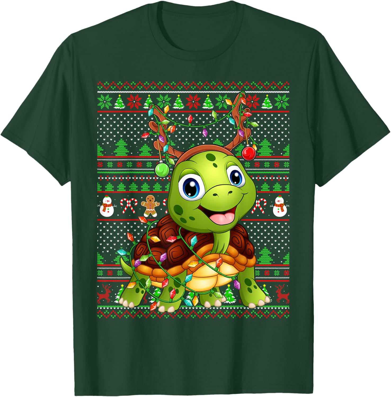Ugly Xmas Sweater Style Lighting Turtle Christmas T-Shirt - T-Shirt | Forest