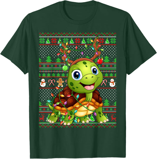 Ugly Xmas Sweater Style Lighting Turtle Christmas T-Shirt - T-Shirt | Forest