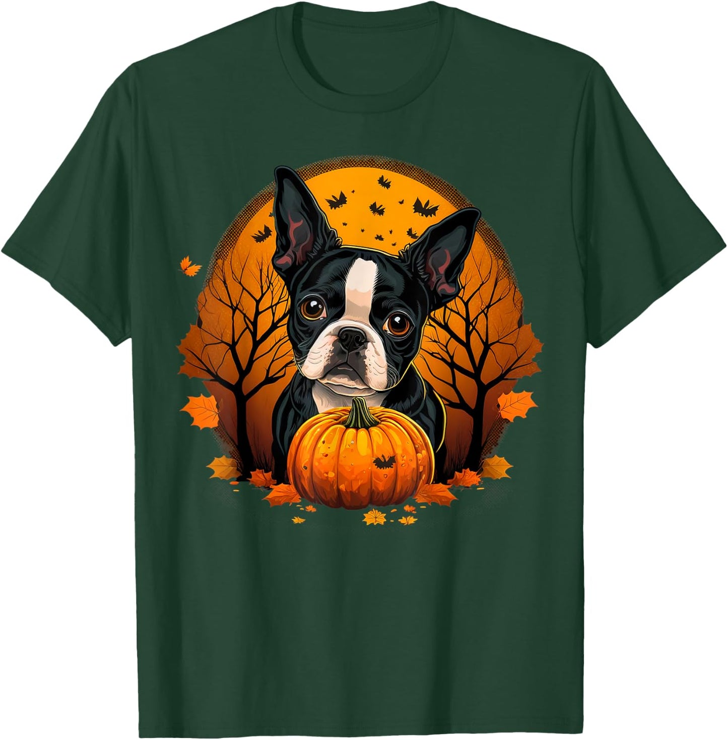 Pumpkin Boston Terrier Costume on Boston Terrier Halloween T-Shirt - T-Shirt | Forest