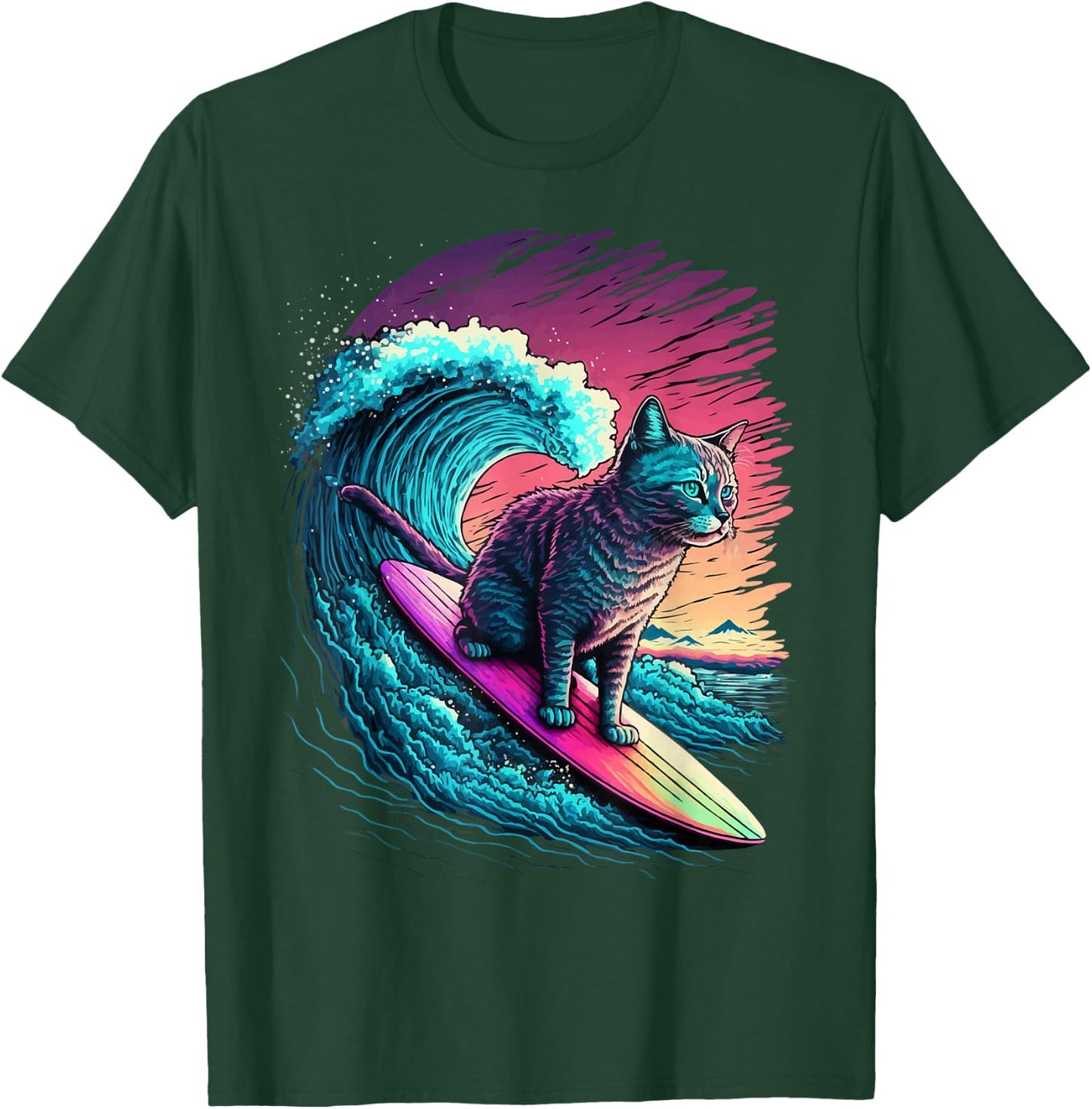 Vintage 80s Vaporwave Synthwave Retro Surfing Cat Kitten T-Shirt - T-Shirt | Forest