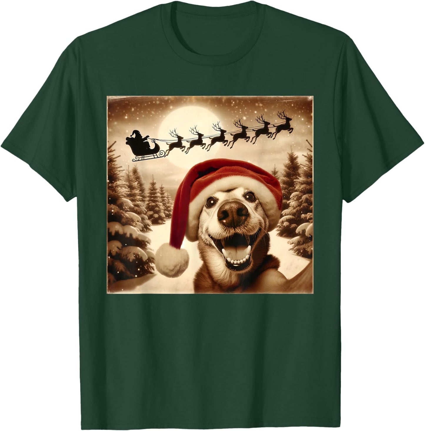 Funny Dog Selfie With Santa's Sleigh Weird dog Christmas Women Girls Kids T-Shirt - T-Shirt | Forest