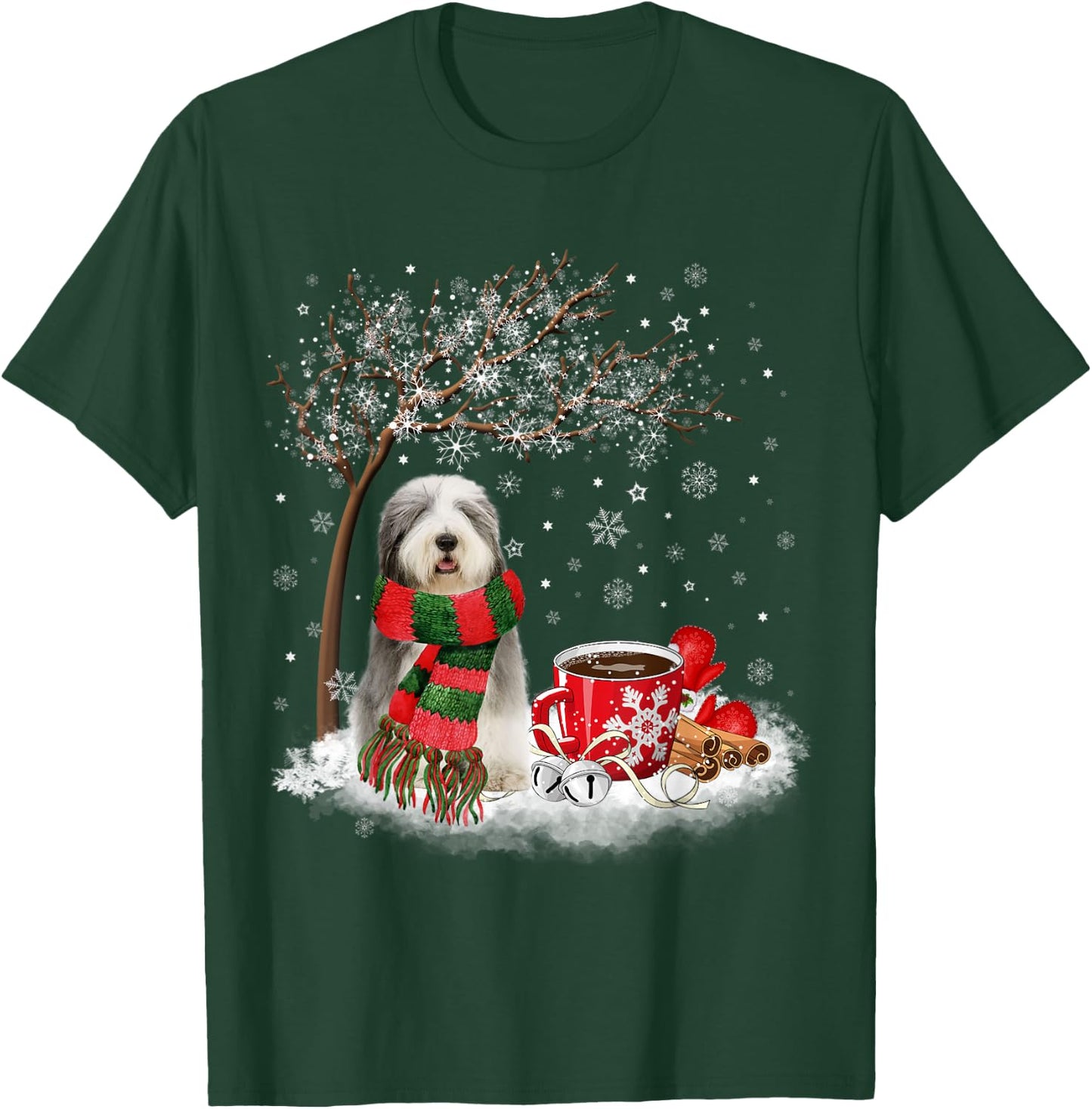 Old English Sheepdog In The Snow Christmas Winter Xmas Tree Men Women Kids T-Shirt - T-Shirt | Forest