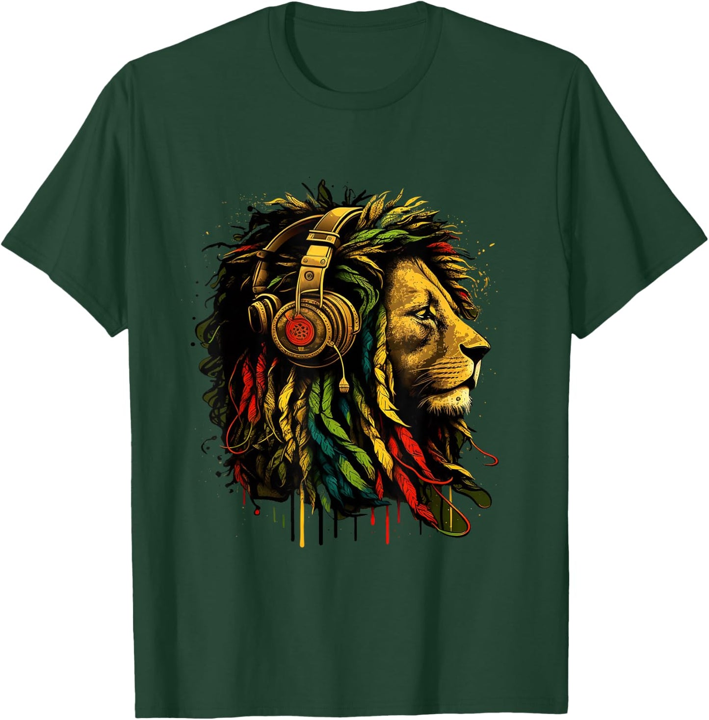 Rasta Reggae Music Headphones Jamaican Pride Lion of Judah T-Shirt - T-Shirt | Forest