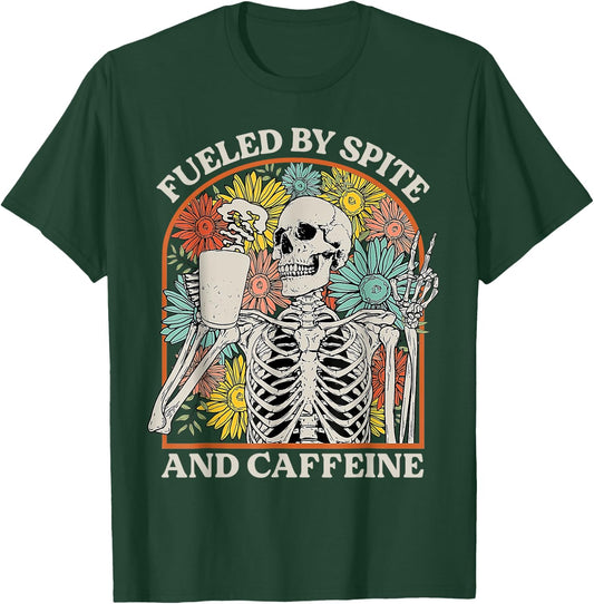 Fueled By Spite And Caffeine Skeleton Halloween Coffee T-Shirt - T-Shirt | Forest