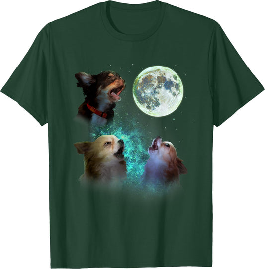 Three Long Hair Chihuahuas Howl At Moon 3 Wolf Wolves Parody T-Shirt - T-Shirt | Forest