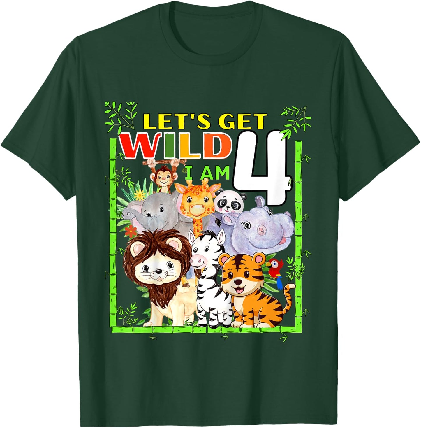 Kids 4 Year Old Zoo Birthday Safari Jungle Animals 4th Birthday T-Shirt - T-Shirt | Forest