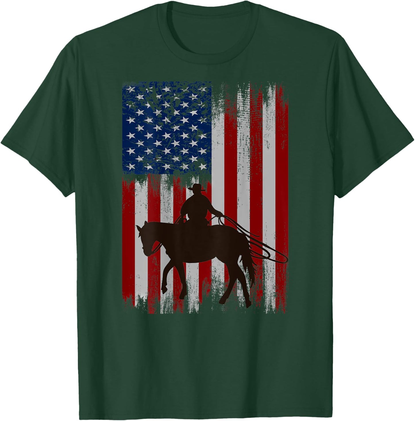 (Print on Back) vintage usa american flag cowboy Rodeo T-Shirt - T-Shirt | Forest