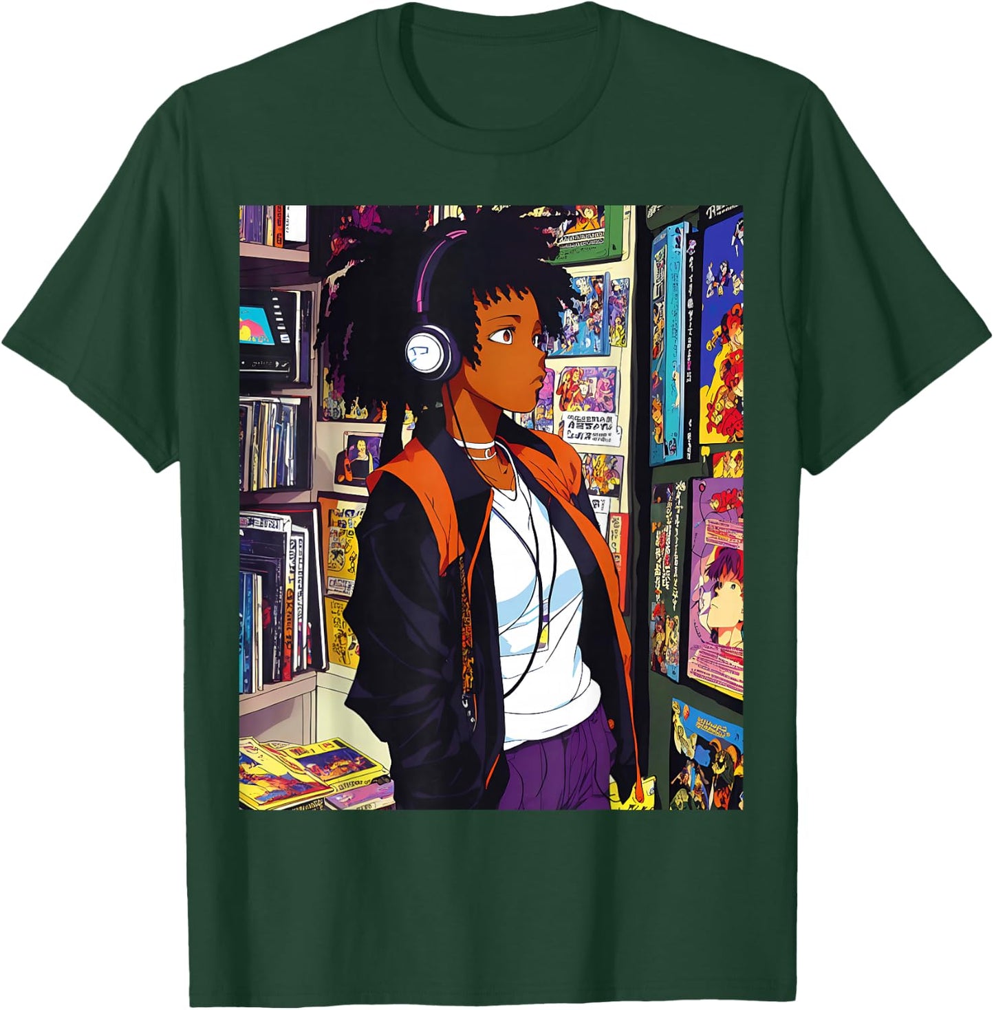 Anime Black Girl Lofi Music 90s Retro Afro Cartoon T-Shirt - T-Shirt | Forest