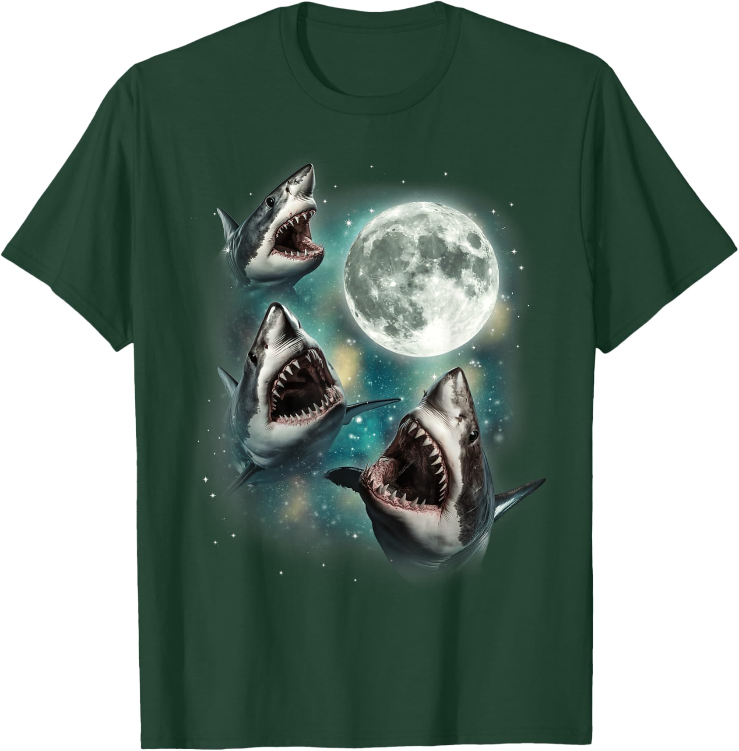 Three Shark Moon | 3 Great Whites Howling Wolfs Moon Parody T-Shirt - T-Shirt | Forest