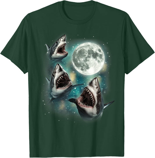 Three Shark Moon | 3 Great Whites Howling Wolfs Moon Parody T-Shirt - T-Shirt | Forest