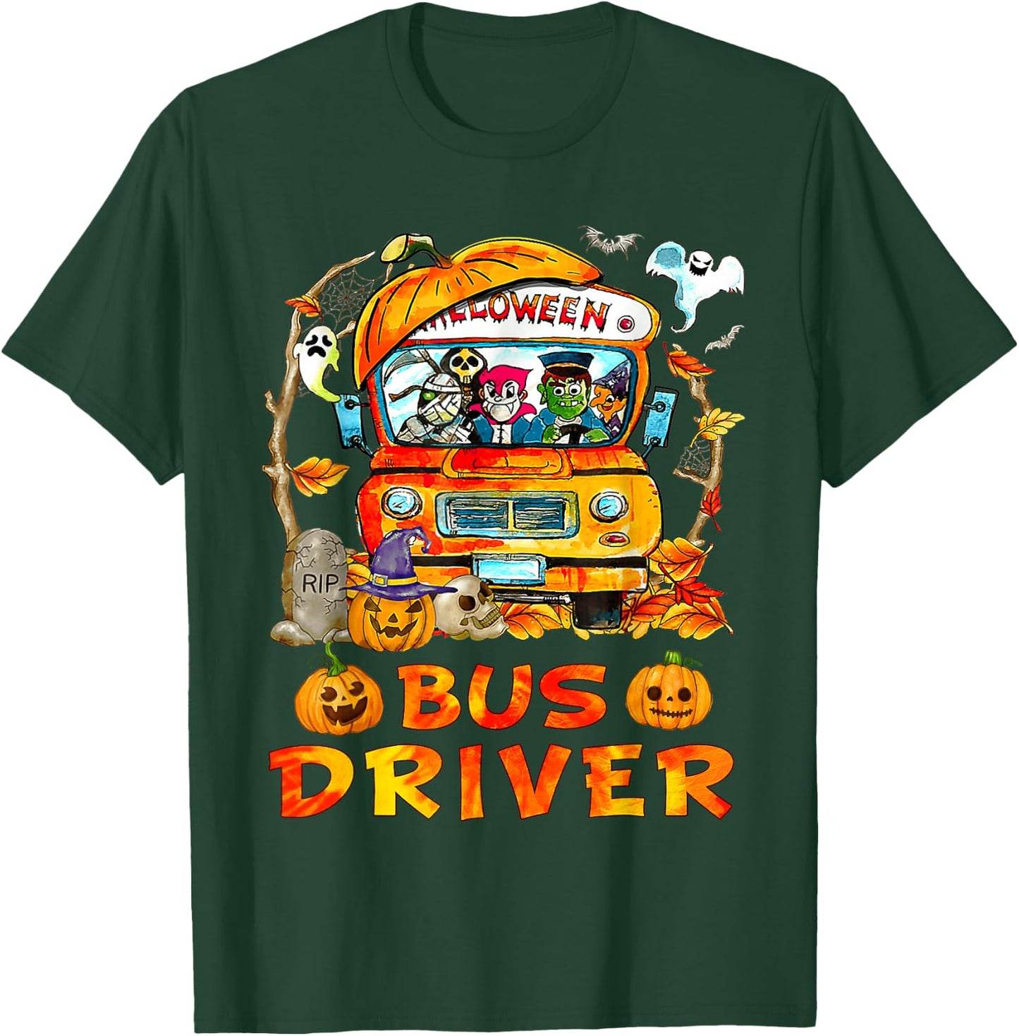 School Bus Driver Pumpkin Season Skeleton Fall Halloween T-Shirt - T-Shirt | Forest