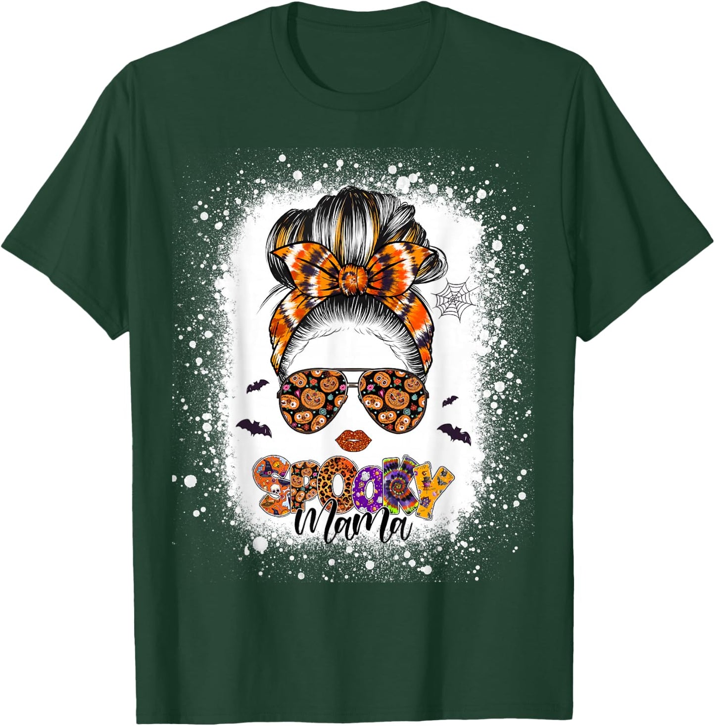 Spooky Mama Halloween Monster Messy Bun Skull Mom Bleached T-Shirt - T-Shirt | Forest