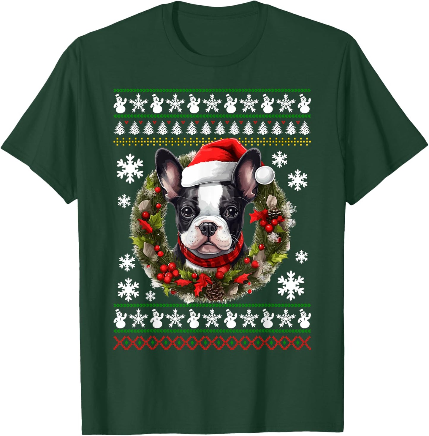 Boston Terrier With Santa Hat Ugly Christmas T-Shirt - T-Shirt | Forest