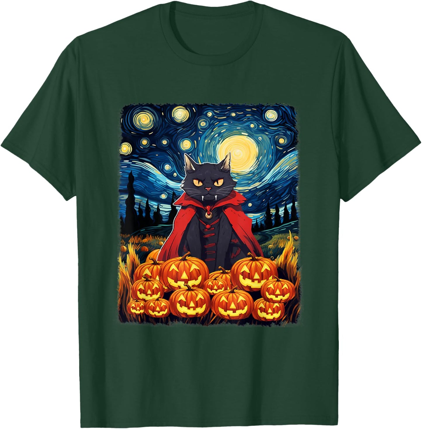 Dracula Cat Starry Night Van Gogh Retro Halloween Cat T-Shirt - T-Shirt | Forest