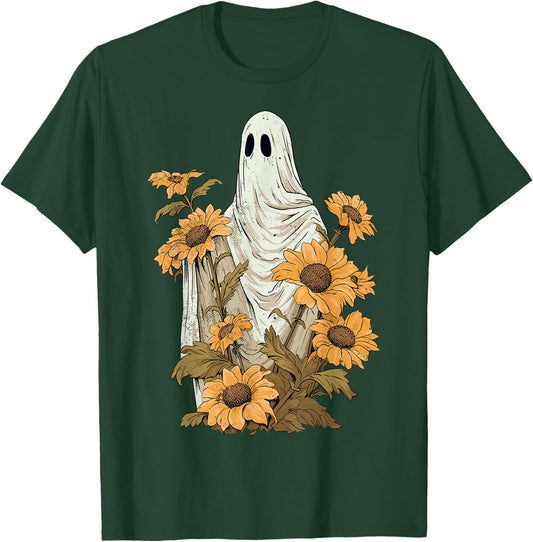 Vintage Floral Ghost Sunflowers Spooky Halloween Graphic T-Shirt - T-Shirt | Forest