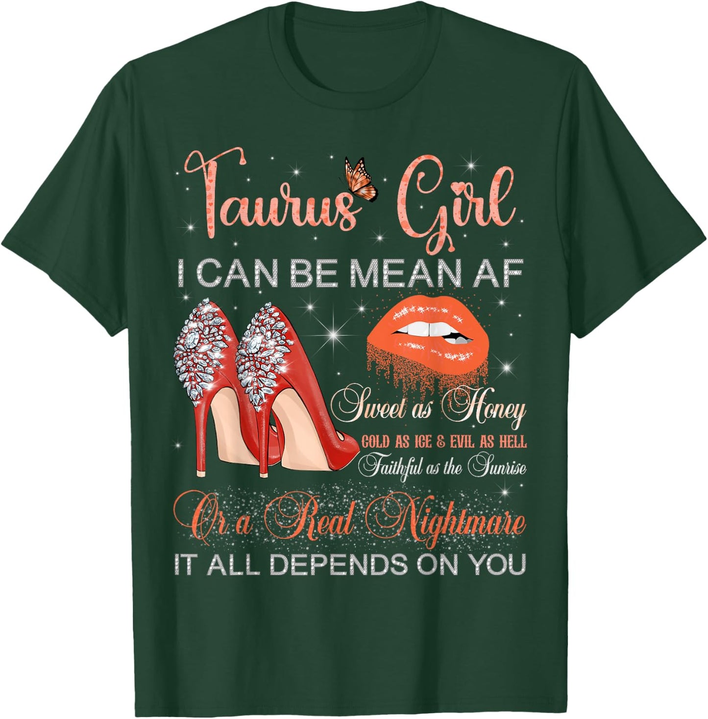 Taurus Girl Birthday High Heels Dripping Lips Butterfly T-Shirt - T-Shirt | Forest