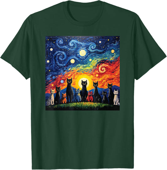 cats family Painting art Starry Night kitty kitten Van Gogh T-Shirt - T-Shirt | Forest