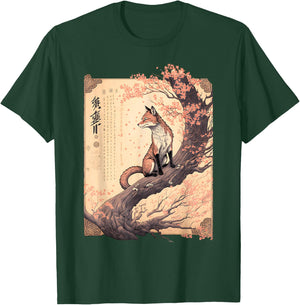 Vintage Cherry Blossom Japanese Fox Scroll Graphical Art T-Shirt - T-Shirt | Forest