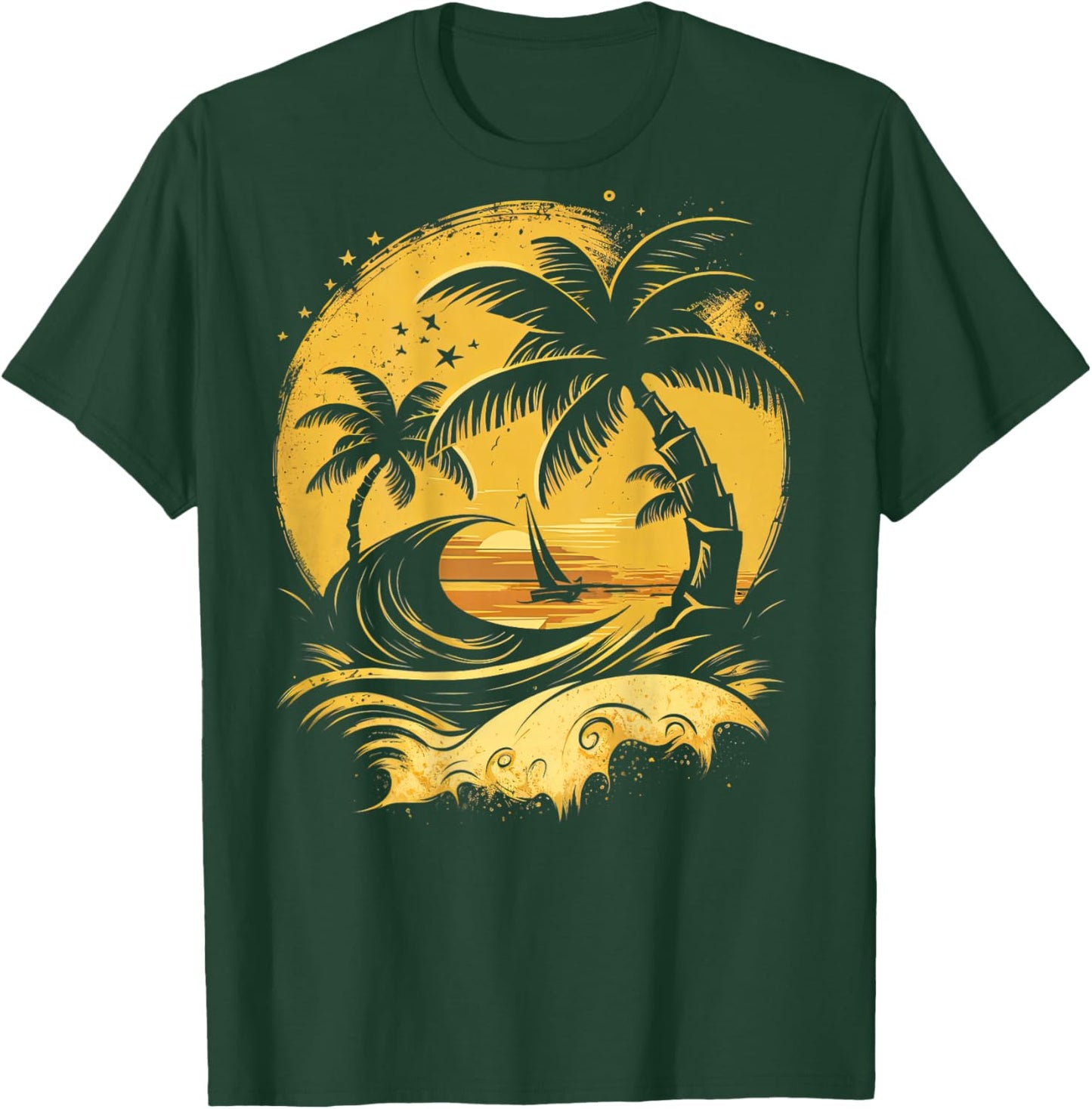 ON Back Tropical Palm Trees Sailboat Beach Island Sunset T-Shirt - T-Shirt | Forest