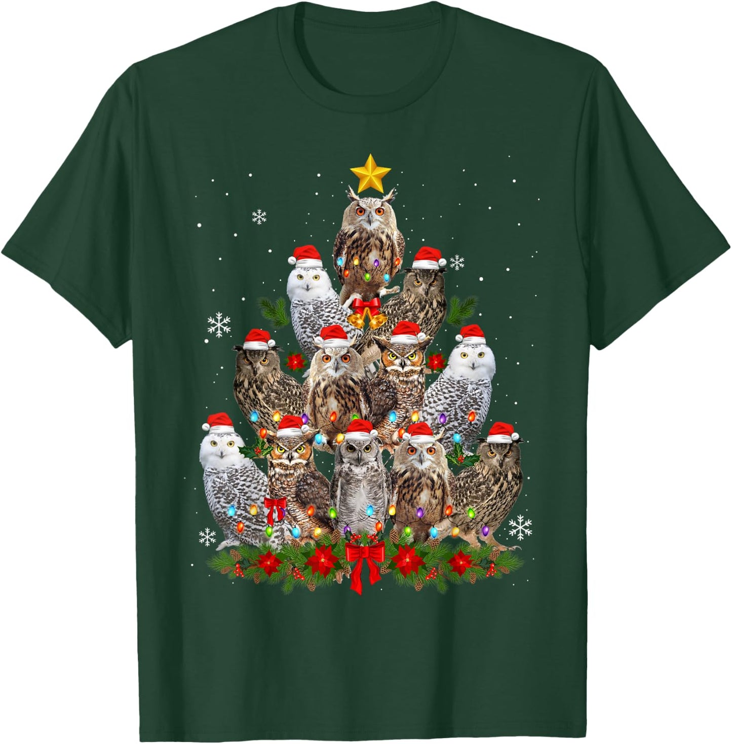 Owl Christmas Tree Owl Xmas Lights Cute Christmas Matching T-Shirt - T-Shirt | Forest