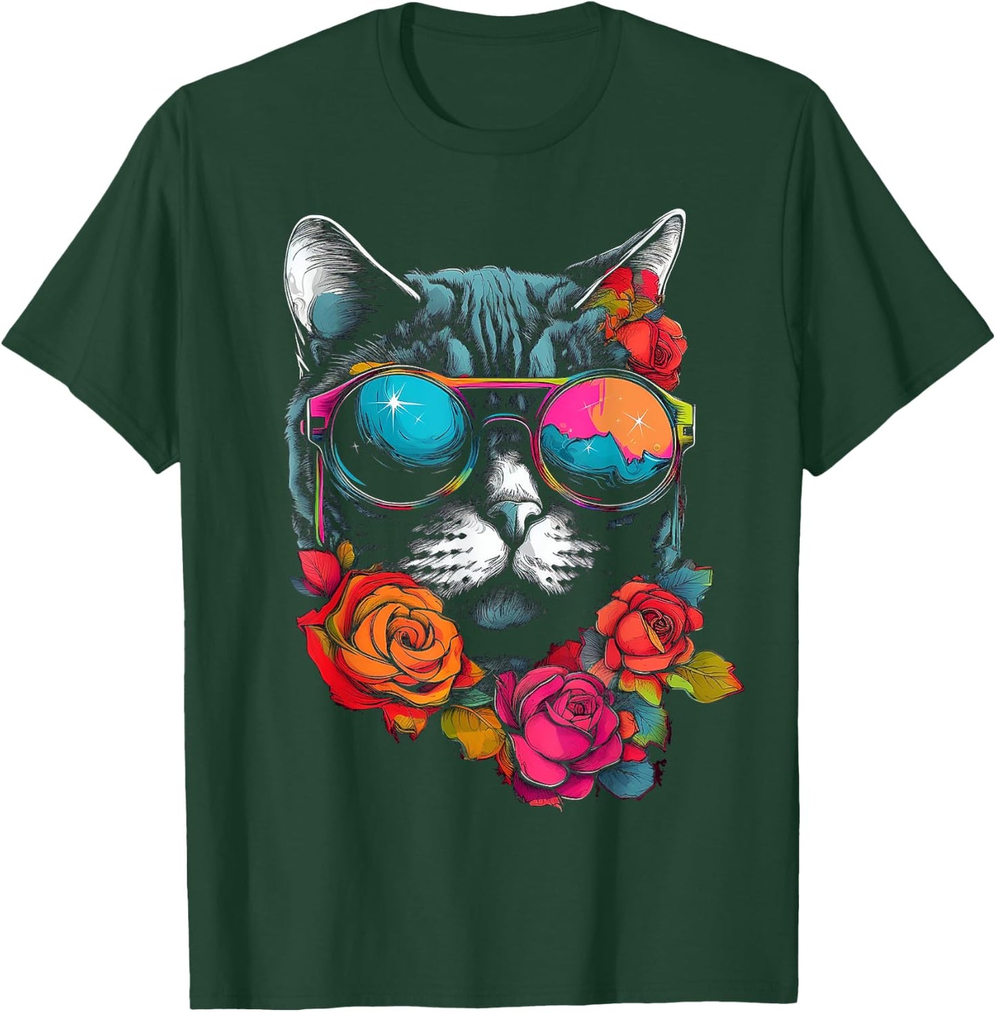 Cat Lover Artwork | Sunglasses Flower Animal Motif Cat T-Shirt - T-Shirt | Forest