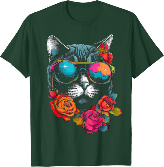 Cat Lover Artwork | Sunglasses Flower Animal Motif Cat T-Shirt - T-Shirt | Forest