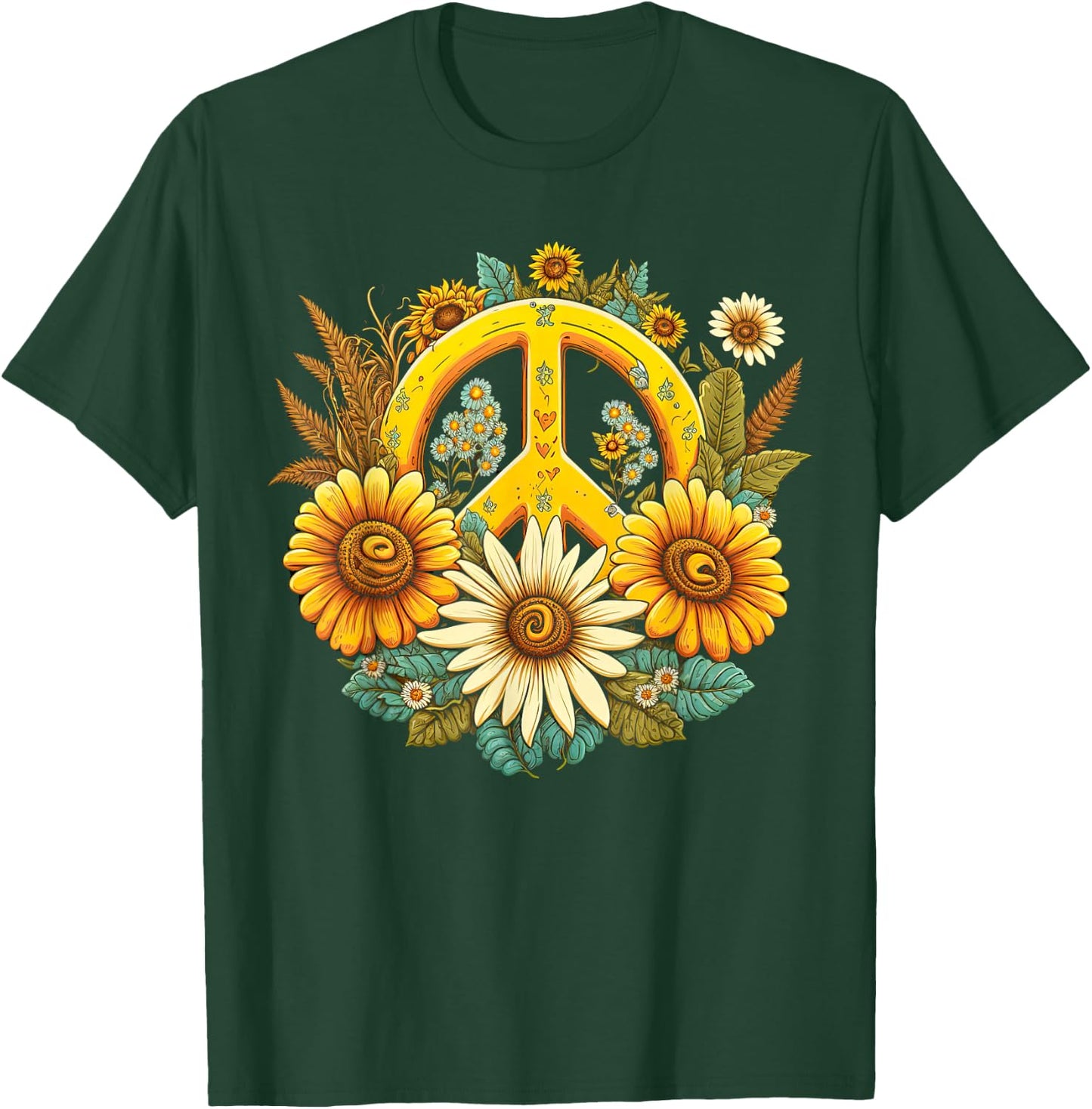 Hippie Daisy Peace Sign Retro Flowers Sunflower Groovy Vibes T-Shirt - T-Shirt | Forest