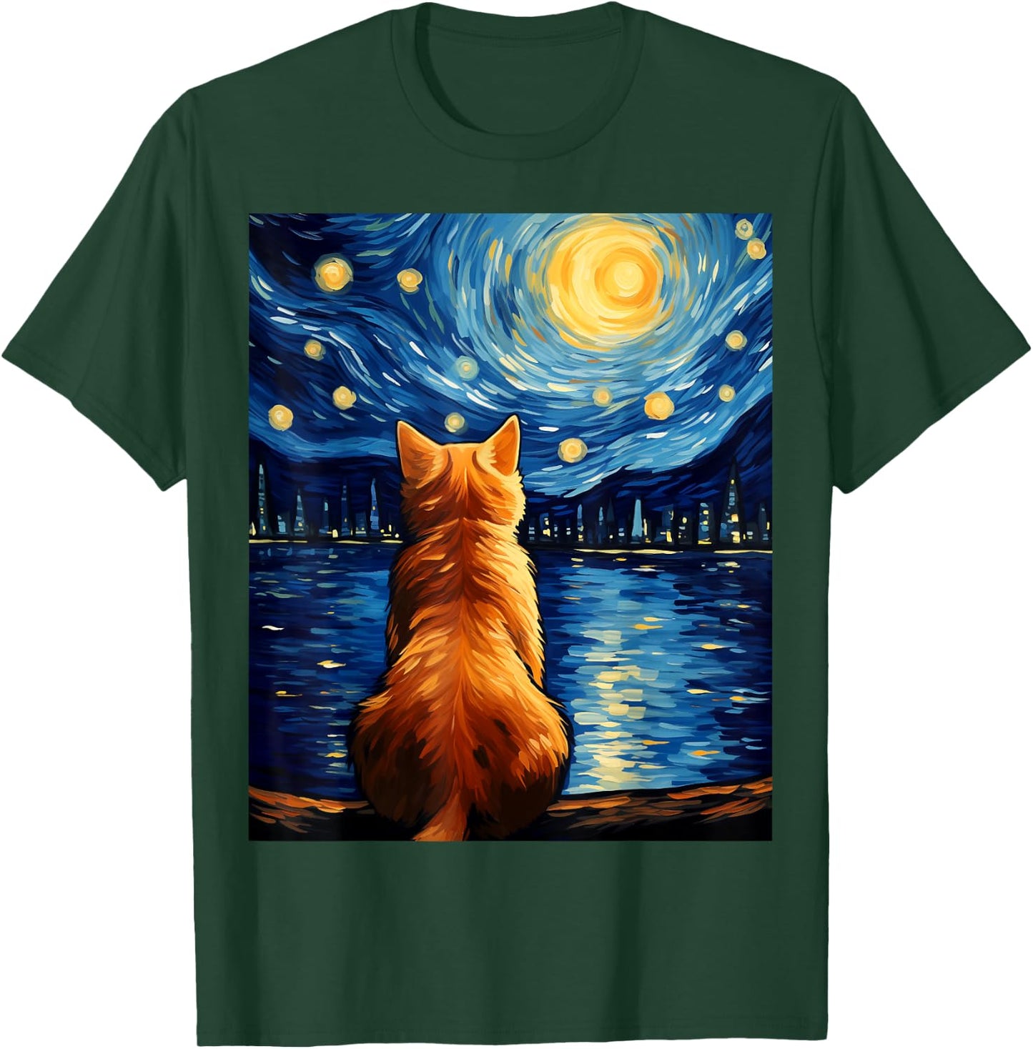 Vincent Van Gogh Starry Night Cat Funny Orange Cat Lover Women Girls Kids T-Shirt - T-Shirt | Forest