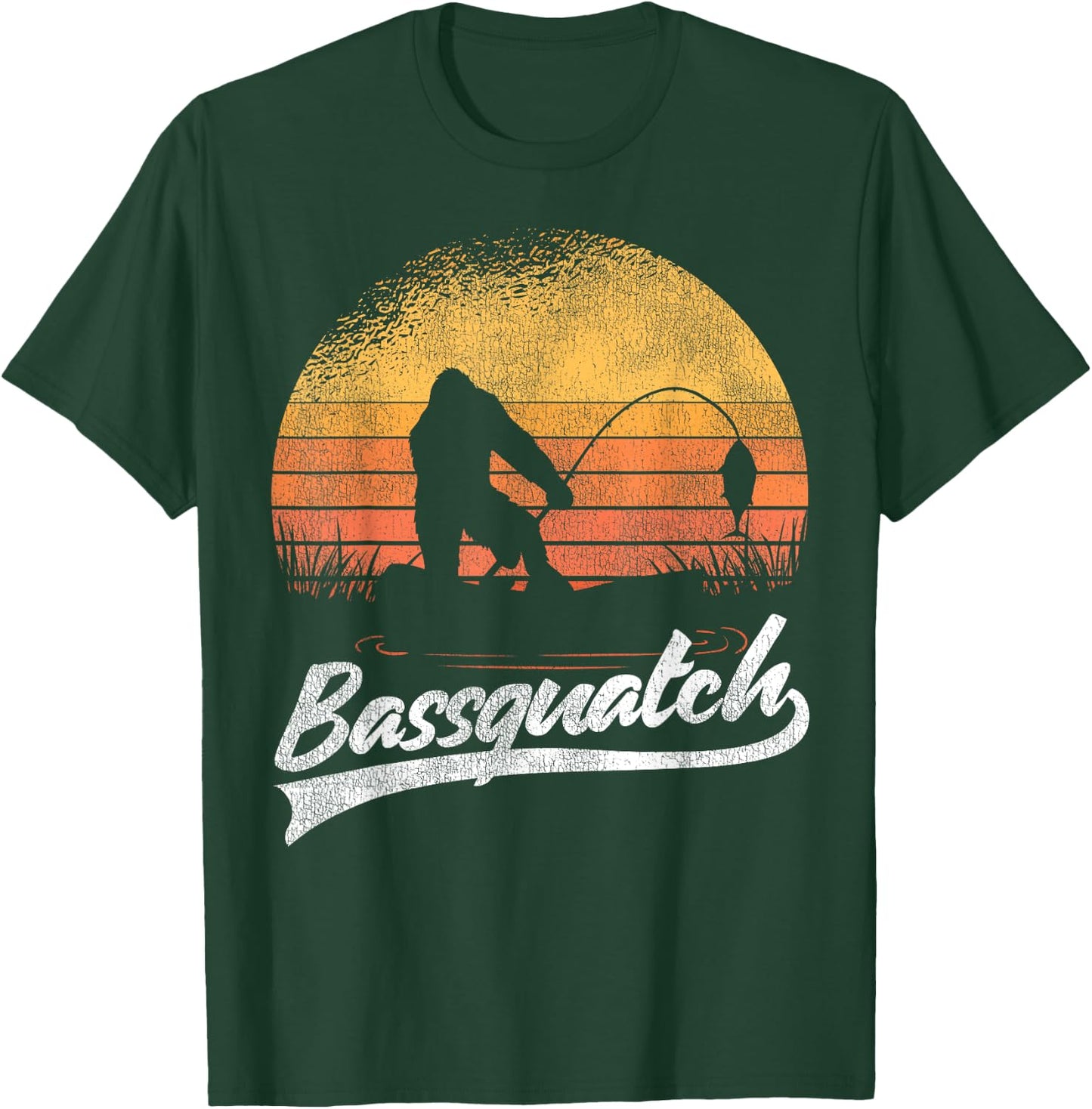 Bigfoot Fishing Retro Sunset Bigfoot Believer Bassquatch T-Shirt - T-Shirt | Forest