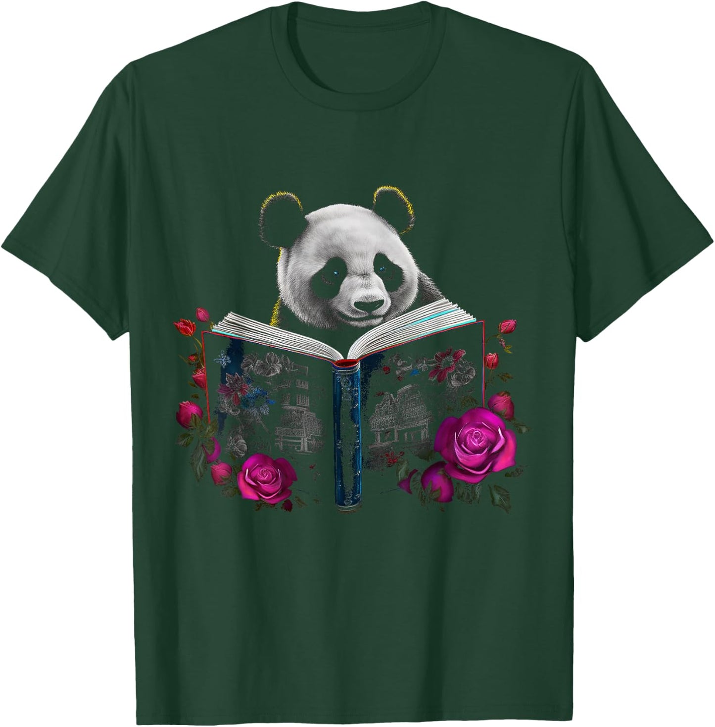 Panda reading a Book - Flowers | Animal Rose Motif Panda T-Shirt - T-Shirt | Forest