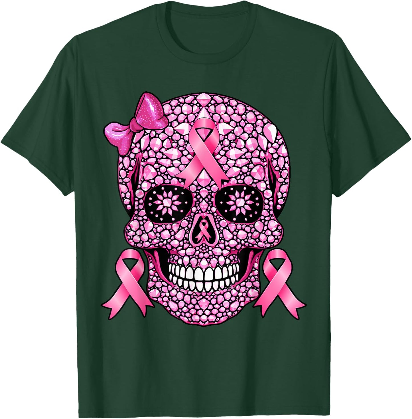 Sugar Skull Pink Ribbon Breast Cancer Awareness Girls Women T-Shirt - T-Shirt | Forest
