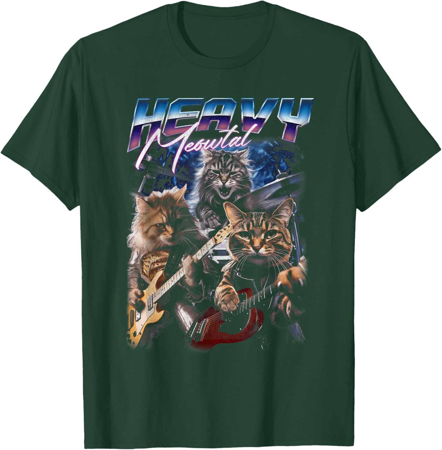 Heavy Meowtal Distressed Rock Cat Playing Guitar Music Bands T-Shirt - T-Shirt | Forest