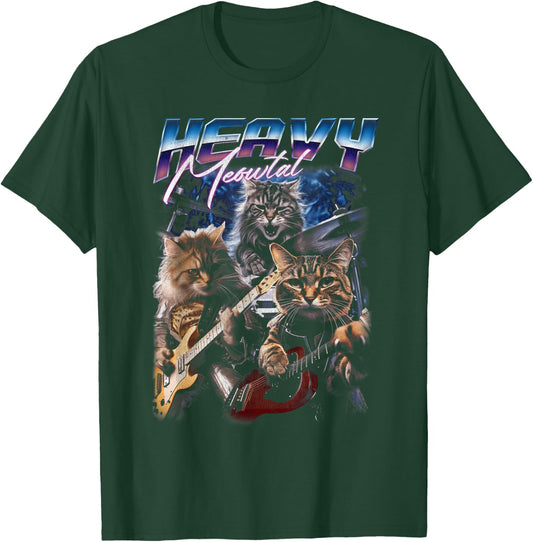 Heavy Meowtal Distressed Rock Cat Playing Guitar Music Bands T-Shirt - T-Shirt | Forest