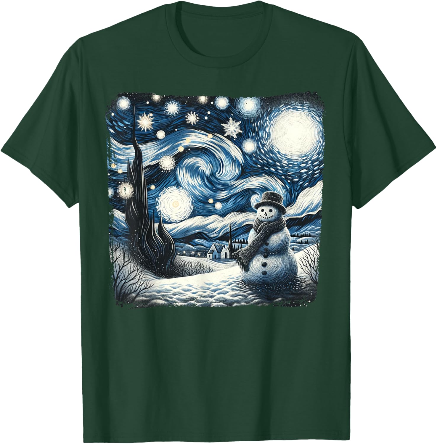 Van Gogh Starry Night Christmas Snowman Winter Snowy Night T-Shirt - T-Shirt | Forest