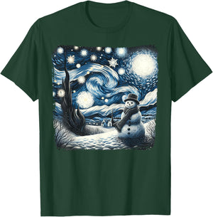 Van Gogh Starry Night Christmas Snowman Winter Snowy Night T-Shirt - T-Shirt | Forest
