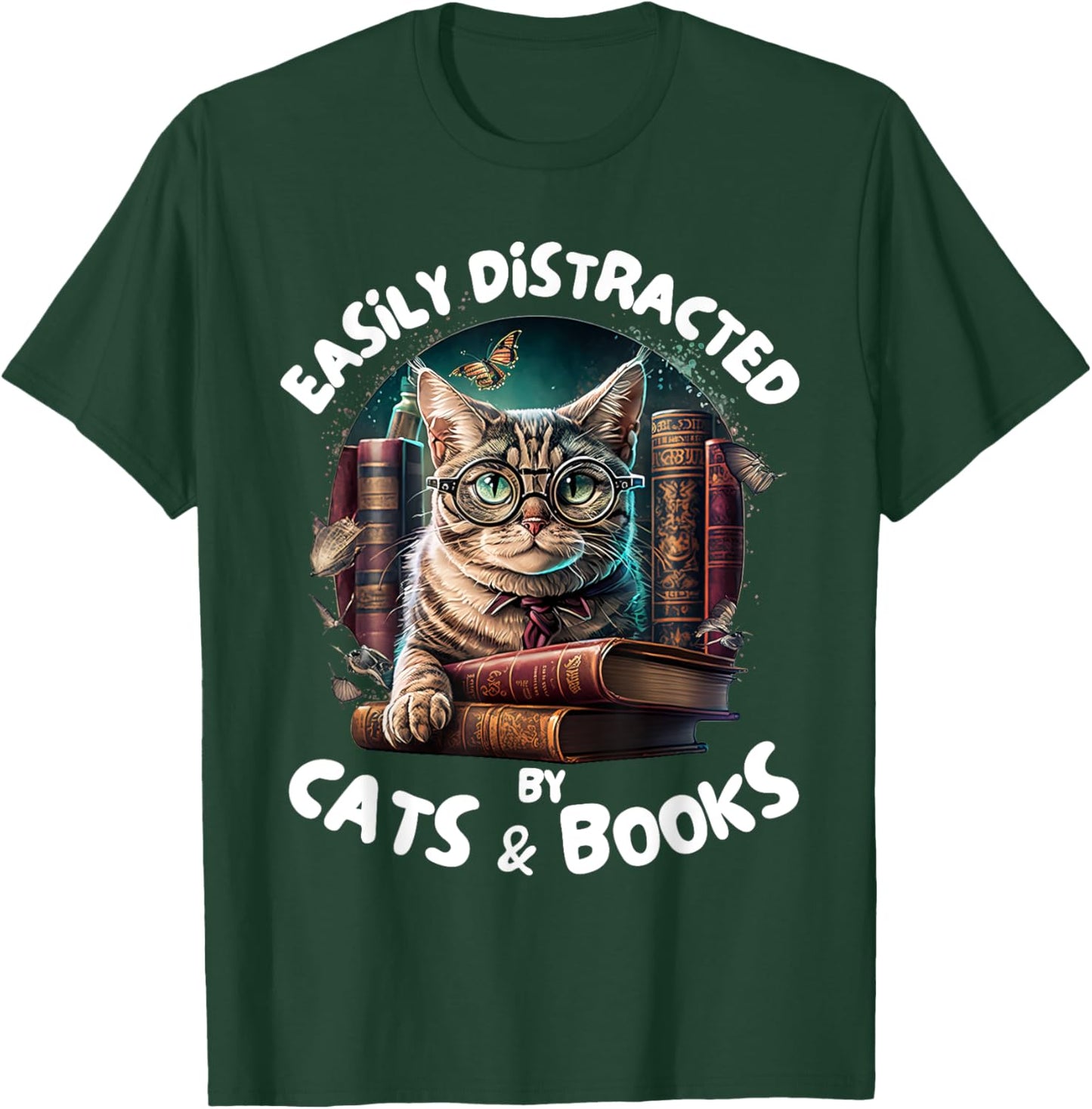 Easily Distracted By Cats and Books Librarians Bibliophiles T-Shirt - T-Shirt | Forest
