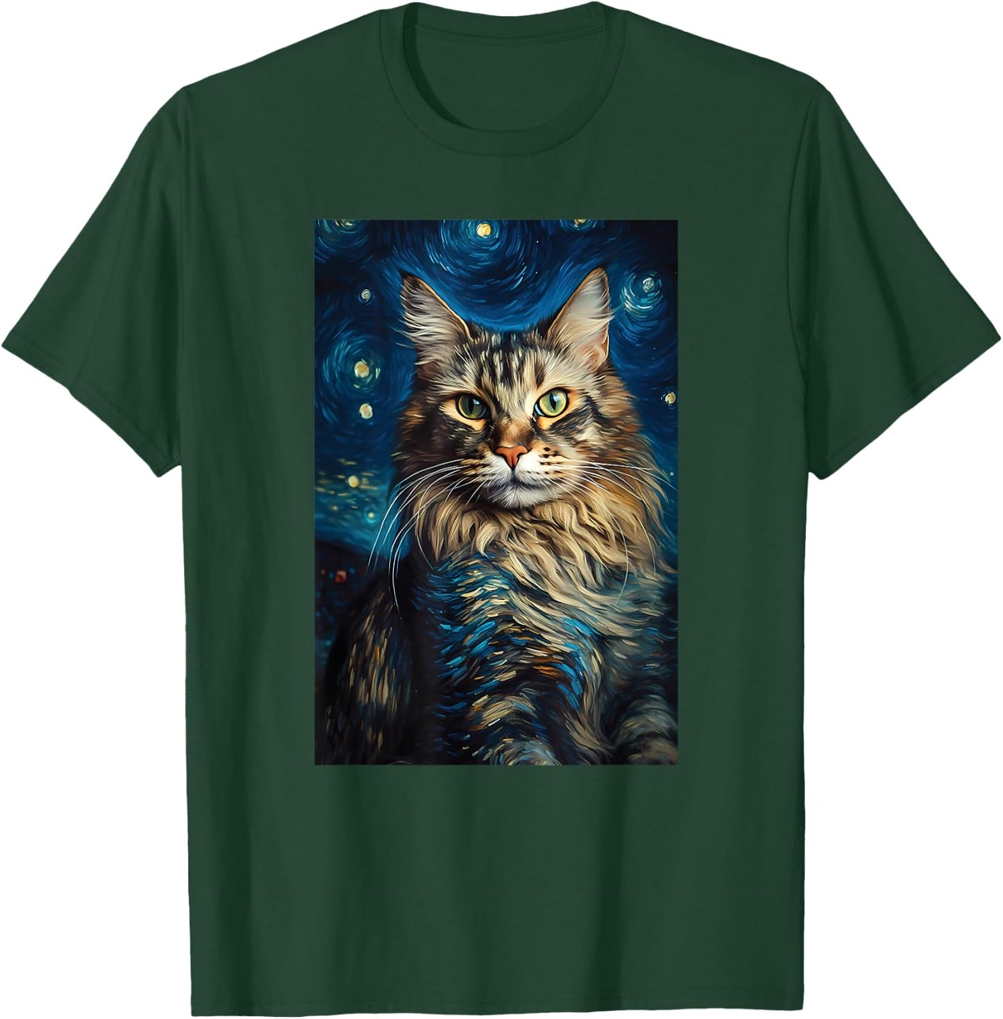 Maine Coon cat painting kitten Van Gogh art Starry Night sky Men Women Kids T-Shirt - T-Shirt | Forest