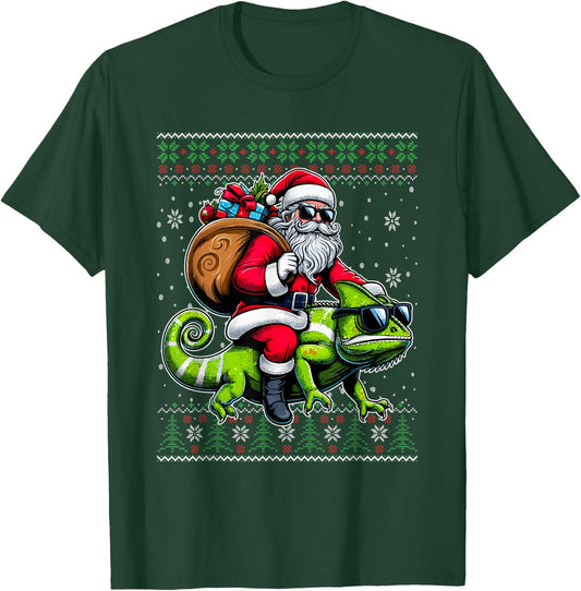 Christmas Santa Riding Chameleon Ugly Christmas Sweater T-Shirt - T-Shirt | Forest