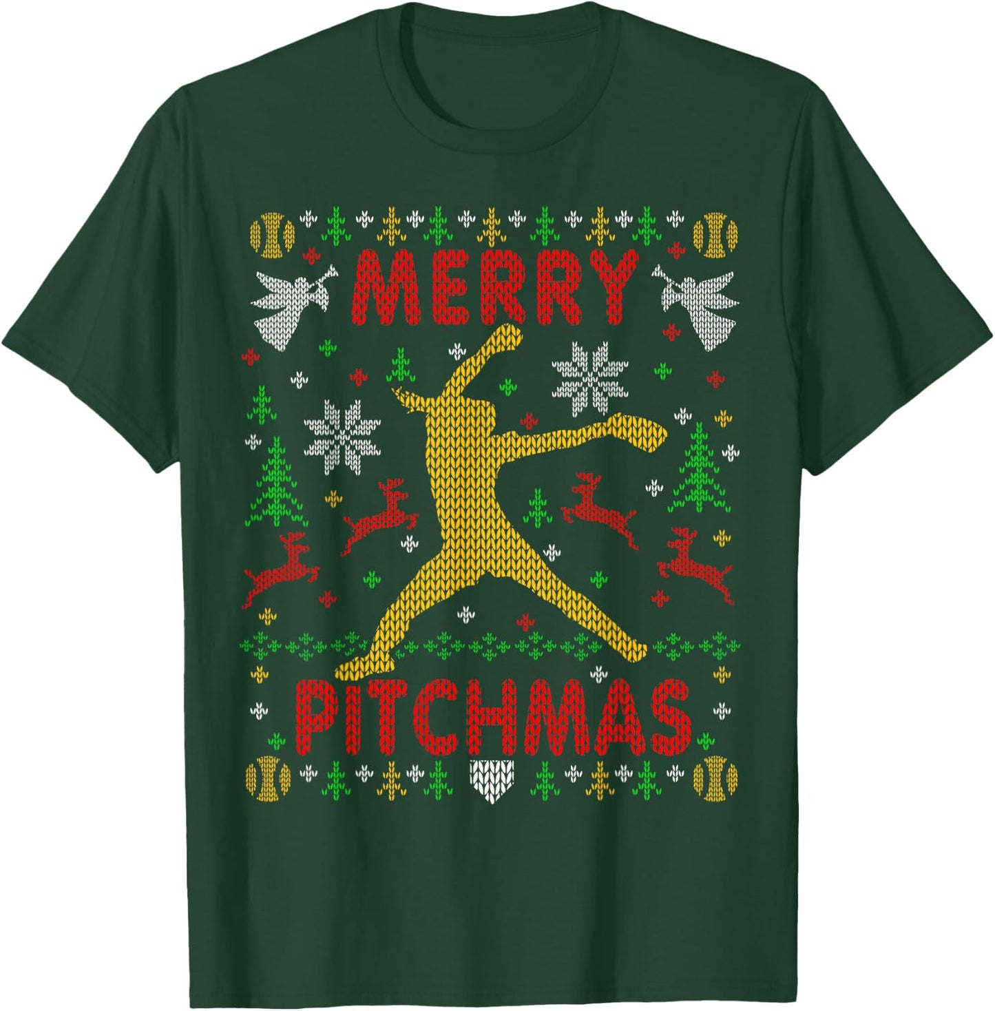 Merry Pitchmas Fastpitch Softball Pitcher Ugly Christmas T-Shirt - T-Shirt | Forest