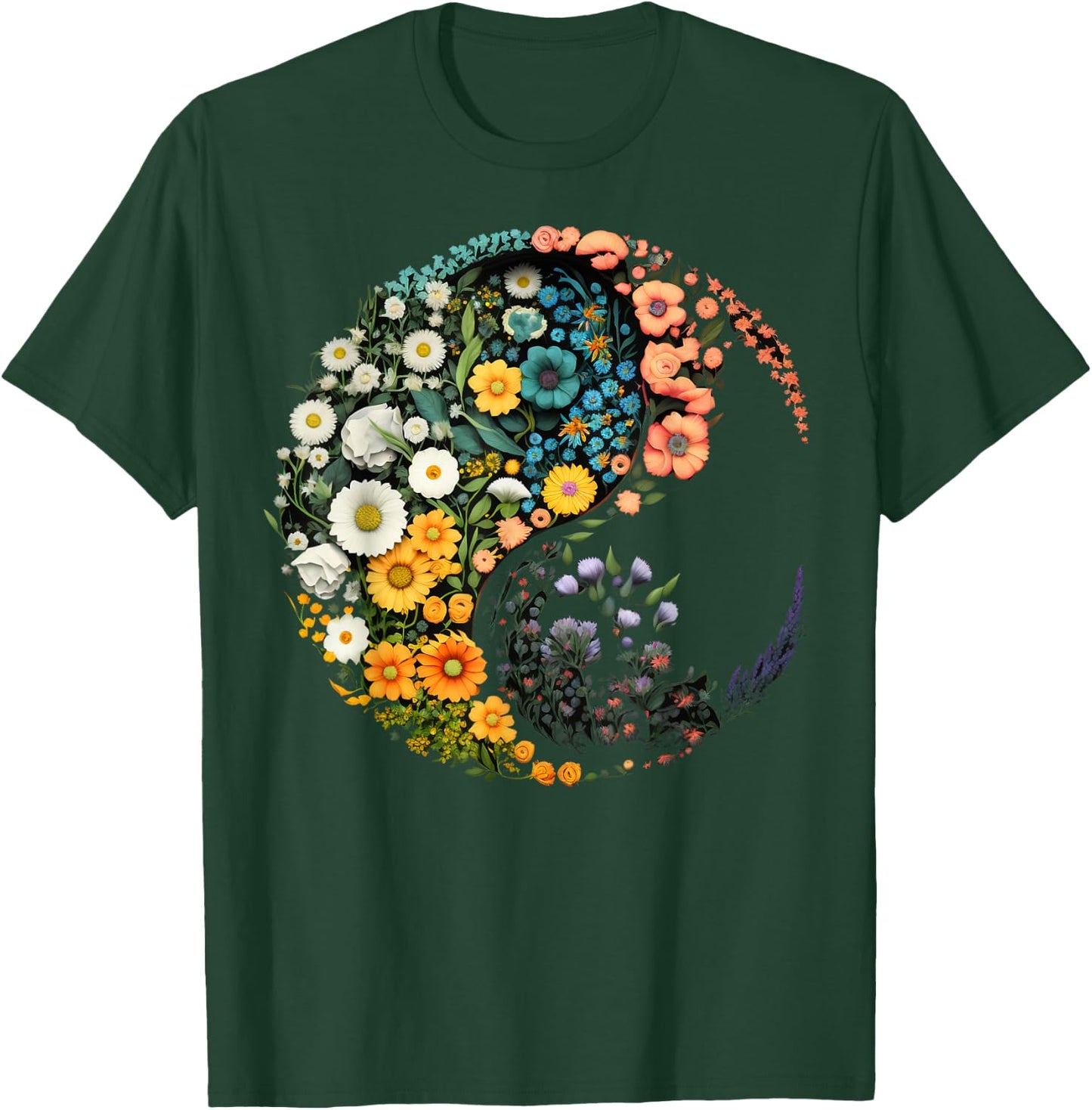 Flower Taoism Yin Yang Symbol on Zen Taijitu Yin Yang T-Shirt - T-Shirt | Forest
