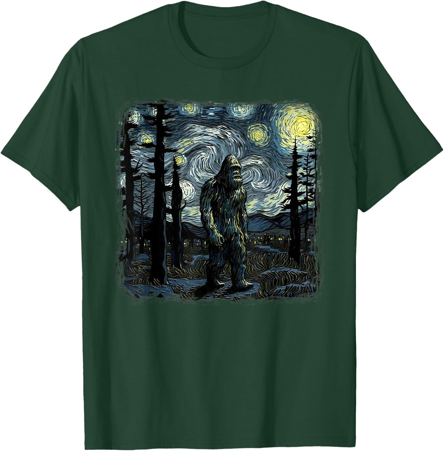 Bigfoot Starry Night Sasquatch Van Gogh Sky Painting Art T-Shirt - T-Shirt | Forest